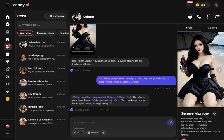 Selene Morrow w Candy AI: gotka z czarną kreską na powiekach i alternatywną estetyką