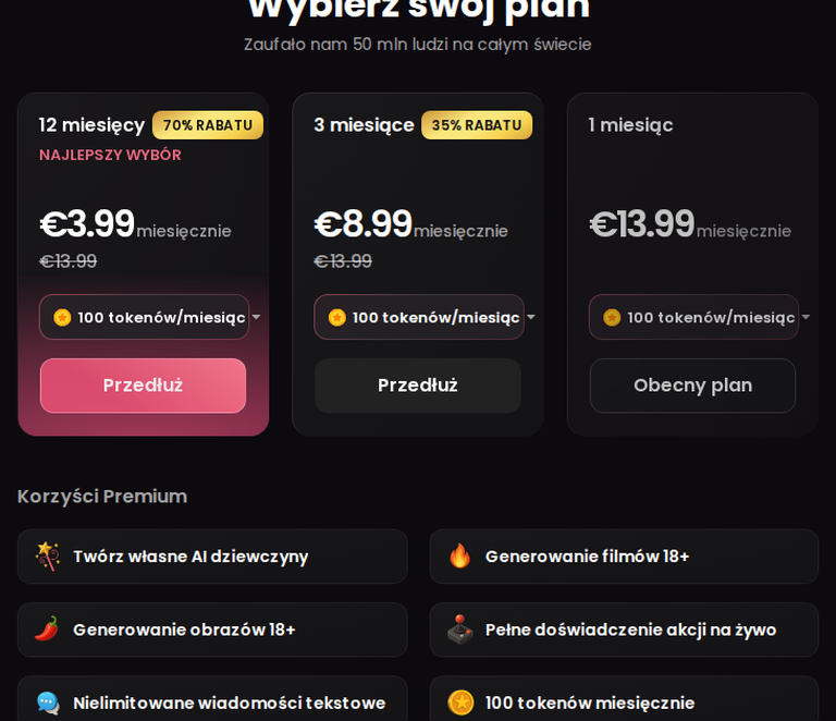 Candy AI Premium: 12 miesięcy 3,99 €, 3 miesiące 8,99 €, 1 miesiąc 13,99 € miesięcznie