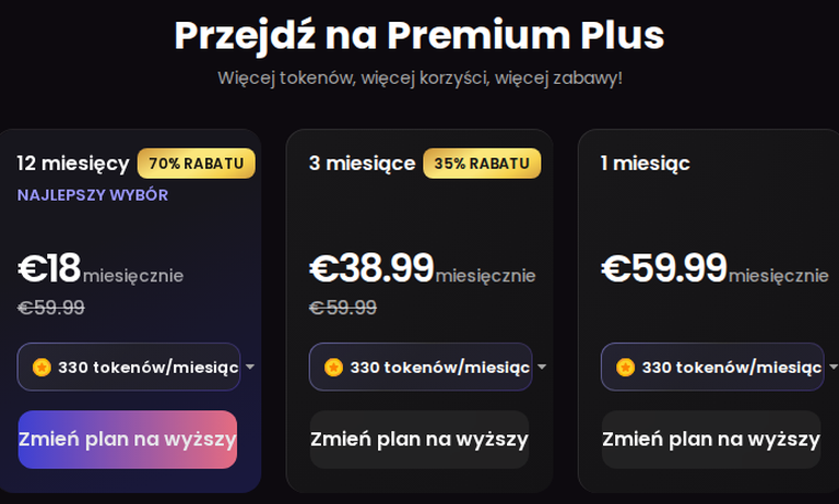 Candy AI Premium Plus: 18, 38,99 i 59,99 € miesięcznie, 330 tokenów co miesiąc