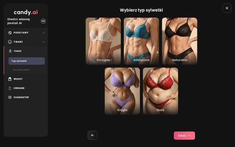 Kreator Candy AI, typ sylwetki i wzrost
