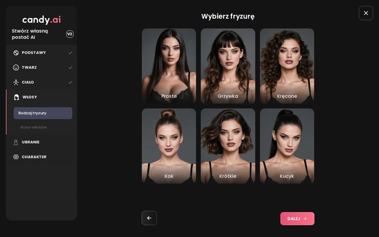 Kreator Candy AI, fryzura i kolor włosów