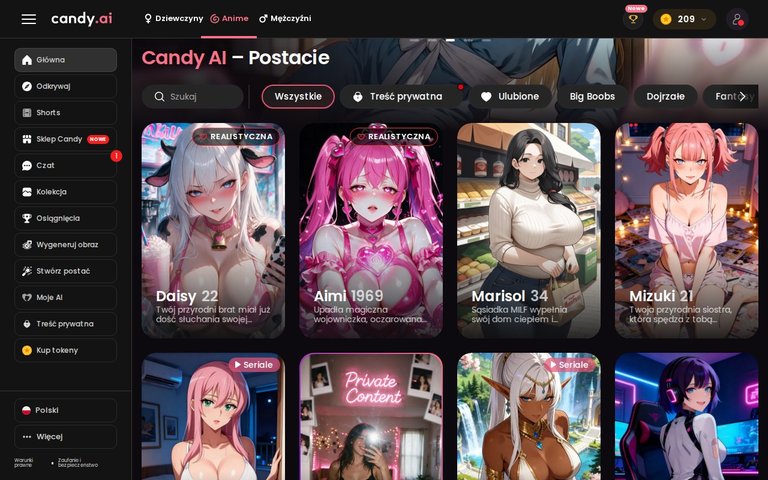Postacie anime w Candy AI