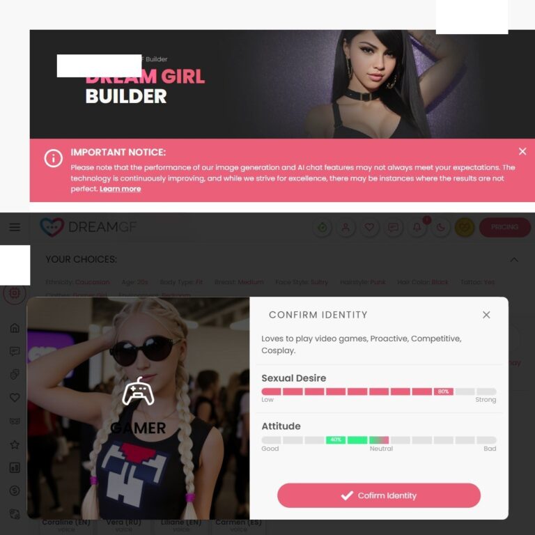 Kreator DreamGF okno Personality Confirm Identity z literówką