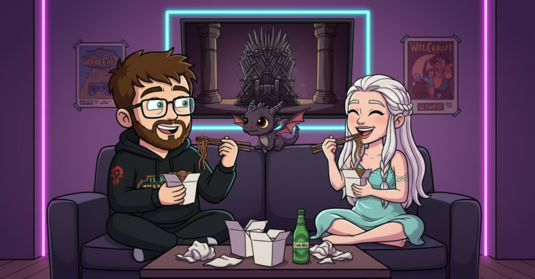 Kuba na kanapie z Daenerys Targaryen, chow mein, Gra o tron w telewizorze, mały smok na oparciu