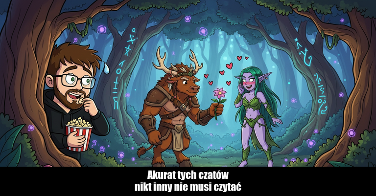 Kuba z popcornem obserwuje druida Taurena i druidkę Night Elf w zagajniku