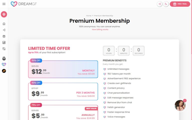 Subskrypcja DreamGF Premium z Unlimited Messages i 150 tokenami