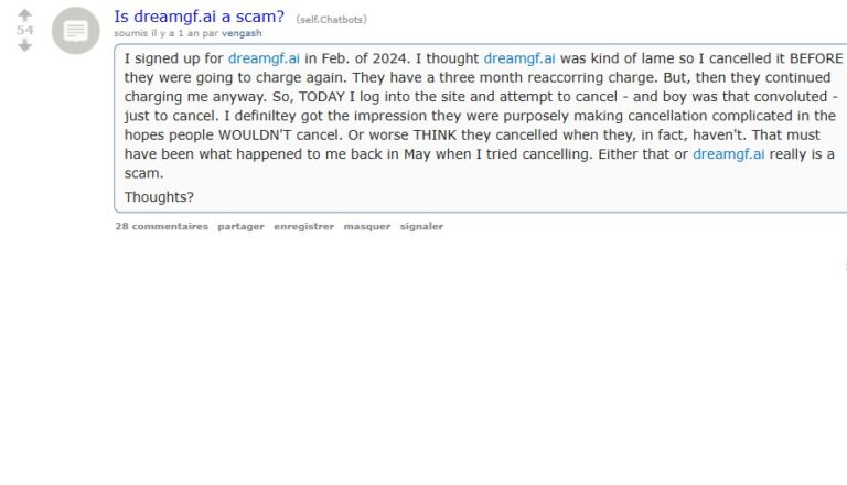 Post na Reddicie w r/Chatbots z tytułem Is dreamgf.ai a scam od vengash