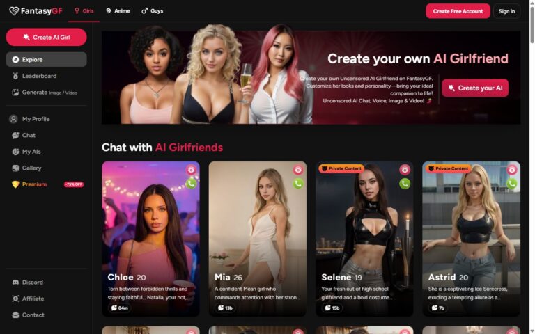 Strona główna FantasyGF z trzema podkategoriami Girls Anime Guys