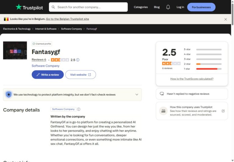 Przegląd Trustpilot FantasyGF z oceną 2.5 gwiazdki i 83 procentami recenzji na 1 gwiazdkę