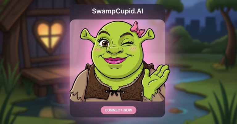 Karta profilu SwampCupid.AI: zielona ogrzyca z różową kokardą puszcza oczko i macha