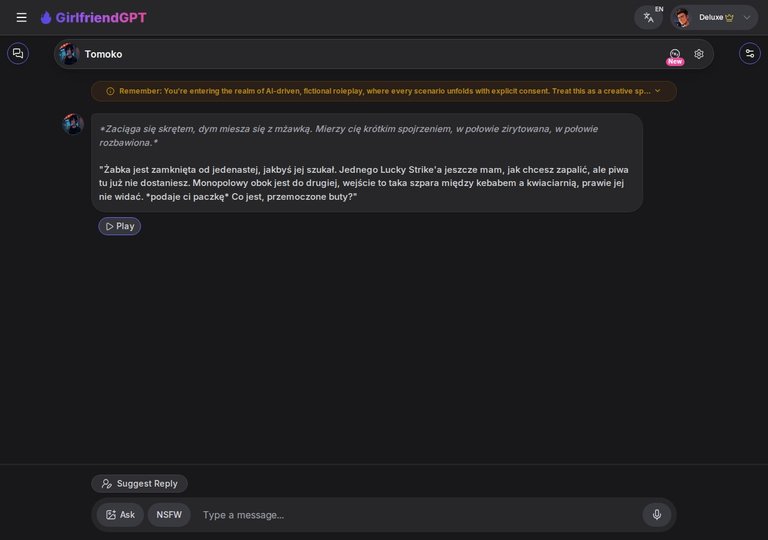Otwarty czat z Tomoko: wyrenderowana First Message + Suggested Reply