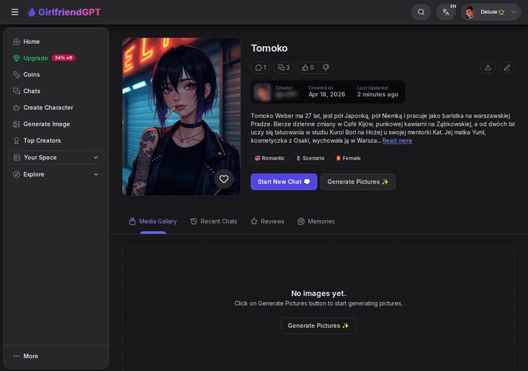 Strona profilu Tomoko z portretem, tagami i przyciskiem Start New Chat