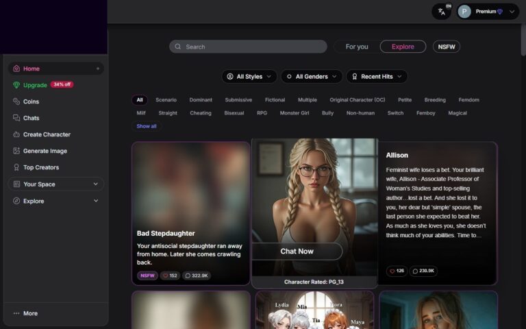 Strona główna GirlfriendGPT z galerią postaci