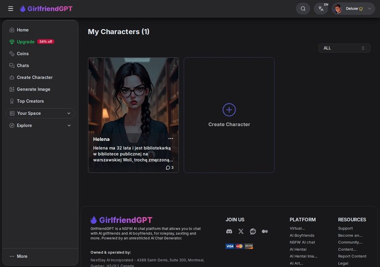 My Characters na GirlfriendGPT z kartą Heleny