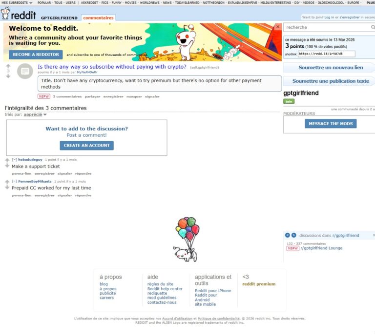 Wątek na Reddicie r/gptgirlfriend: użytkownik pyta o metody płatności inne niż krypto
