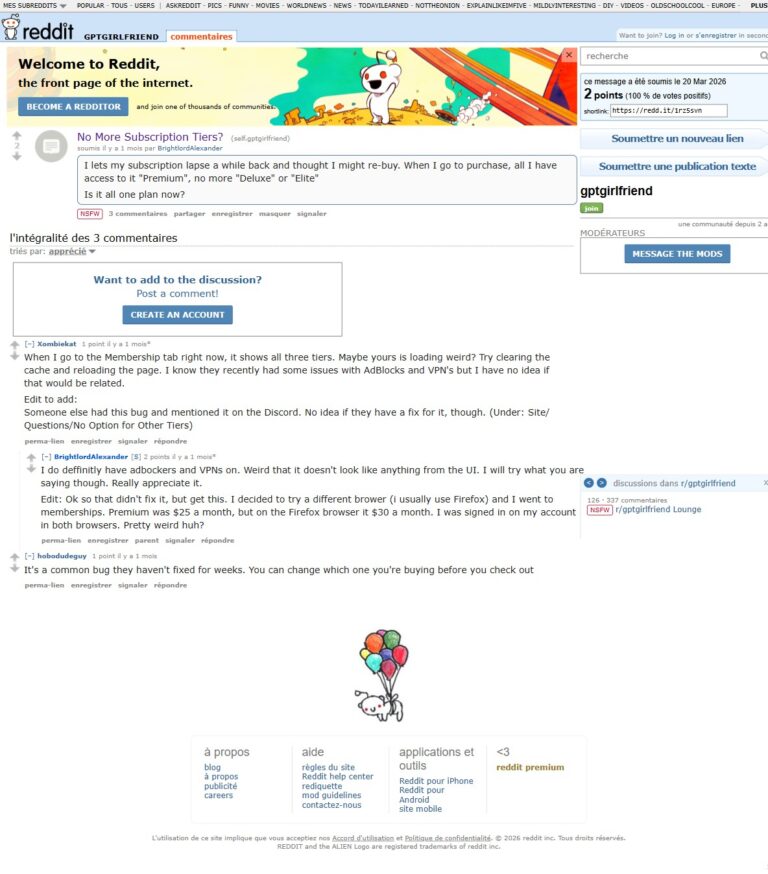 Wątek na Reddicie r/gptgirlfriend: No More Subscription Tiers z opisem buga i niespójnymi cenami w różnych przeglądarkach
