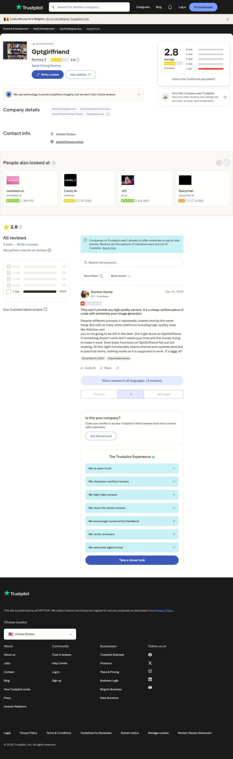 Strona GirlfriendGPT na Trustpilot z oceną 2,8 na 5 gwiazdek i jednogwiazdkową krytyką od Quintona Gendy