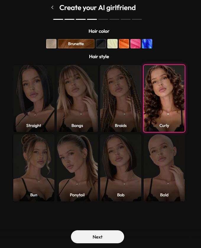 Kreator Joi AI w angielskim interfejsie: wybór fryzury, zaznaczone Curly i kolor Brunette