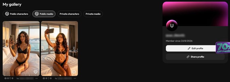 Profil w Joi AI: dwa zdjęcia Mili w publicznej sekcji Public media