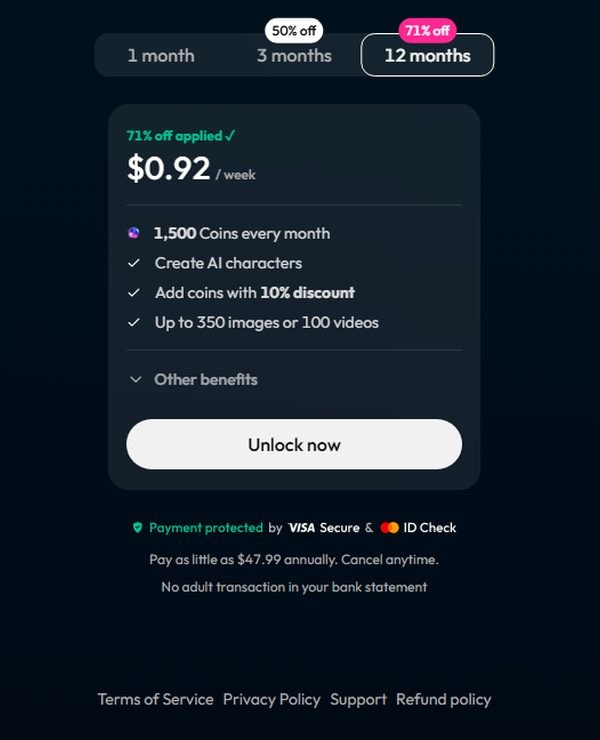 Roczna oferta Premium w Joi AI: 1 500 Coins miesięcznie, rabat 71 % i przycisk Unlock now
