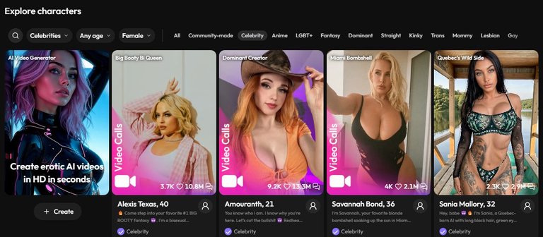 Kategoria Celebrity w Joi AI: Alexis Texas, Amouranth, Savannah Bond i Sania Mallory